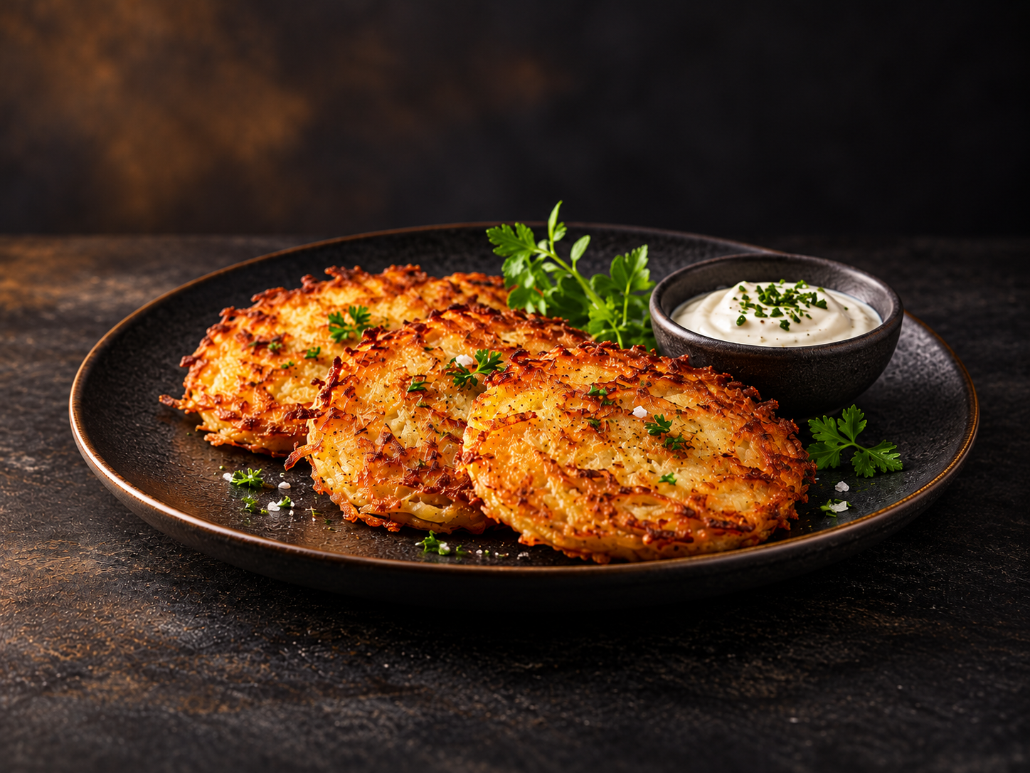 Golden German potato pancakes served with a creamy herb dip